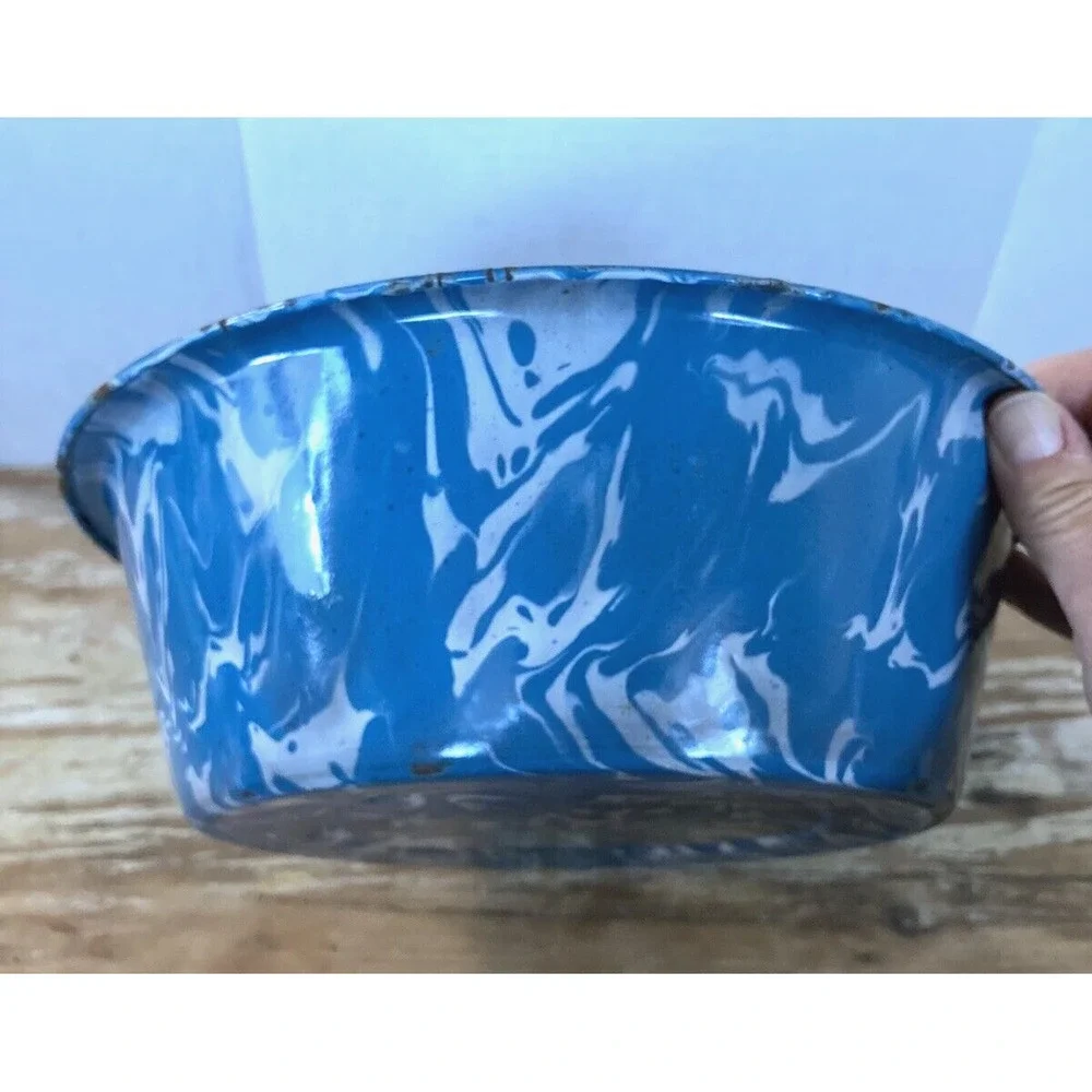 Antique vintage enamelware enameled swirl blue white basin bowl chippy farmhouse